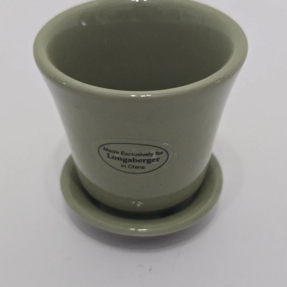 Longaberger Pottery 2001 May Series Peony Flower pot & Saucer Sage Green